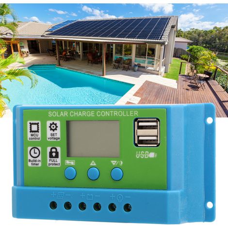 Photovoltaik-Solarregler mit grüner Front und blauem Gehäuse, Solarladeregler, adaptiv 12V/24V, 30A. (1/5)