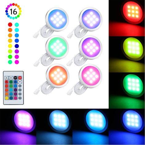 6 pièces Kit d'éclairage sous-meuble LED RVB de forme ronde mince SMD5050 lampe à rondelle changement de couleur luminosité réglable avec télécommande pour cuisine salon bibliothèque placard (1/5)