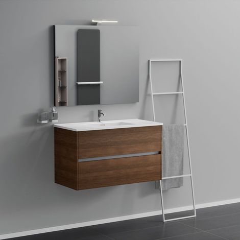 Inda - Badezimmerschrank 2 Schubladen L.100 mit Waschbecken, Spiegel und Lampe - Braune Eiche