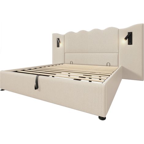 Letto contenitore matrimoniale 180x200 in velluto a coste con luce lettura e USB-C beige (1/5)