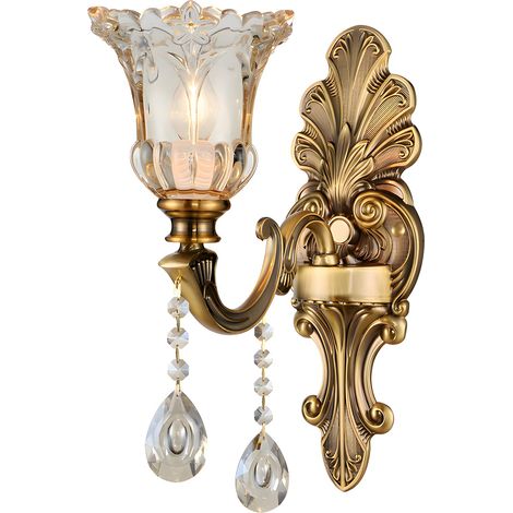 Lampe Murale Vintage Florale À 1 Tête En Verre De Cristal - Applique Murale Rétro Couleur Bronze Doré - Décoration En Métal Lampe De Chevet Salon Restaurant Escaliers (Base E14 Sans Ampoule) (1/5)
