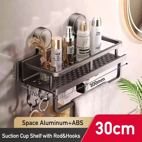 Étagère de salle de bain à ventouses (30 cm avec tige) en aluminium, sans perçage, pour douche, salle de bain ou toilettes. Organisateur mural. (1/5)
