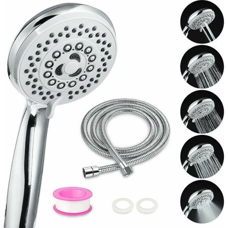 Pommeau de douche avec flexible anti-calcaire 5 modes haute pression, ABS + acier inoxydable pour salle de bain (1/4)