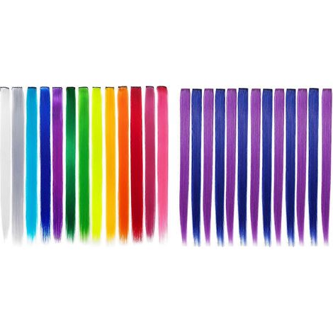 13 farbige Clip-in-Partyhaarverlängerungen, 55 cm, lila + blau und 13 Regenbogenhaarverlängerungen (1/5)