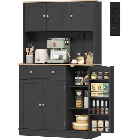 Buffet haut cuisine, armoire de cuisine, station de charge, 6 portes, plan de travail, porte-épices, 100x40x173cm, noir (1/5)