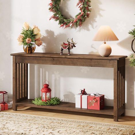 Tribesigns 160cm en bois massif avec étagère à 2 niveaux, table d'appoint rustique pour canapé, entrée ou salon. (1/5)