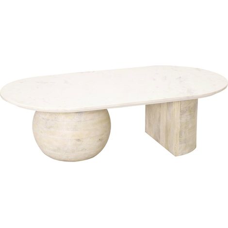 table basse design en bois de manguier et plateau marbre naturel - bois clair et marbre blanc (1/3)