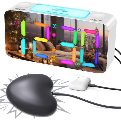 Réveil vibrant RGB, réveil numérique, grand écran numérique/chargement USB/veilleuse/arrêt automatique après mémorisation de l'heure. Blanc (1/5)