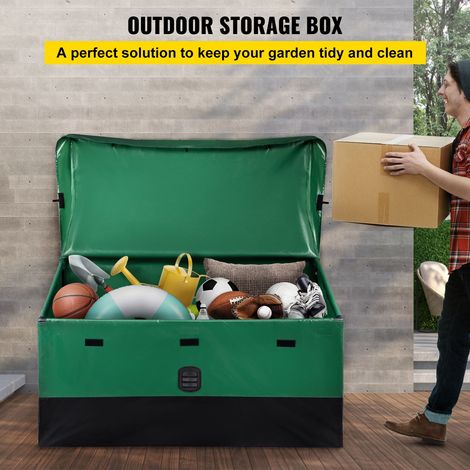 Coffre de rangement extérieur 100 Galons, bâche PE imperméable et structure galvanisée, coffre terrasse toutes intempéries portable, camping jardin piscine cour, marron bleu (1/5)
