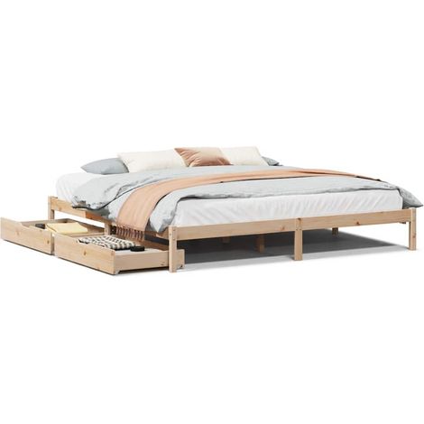 Cadre de Lit Bois Pin Massif 200x200 cm avec 2 Tiroirs Rangement et Sommier à Lattes (1/4)