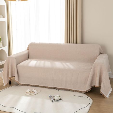 Jeté de Canapé Gaufré Réversible Avec Pompons - Pour Grand Canapé 2 ou 3 Places, Causeuse, Lit Double et Fauteuil - 180 x 230 cm, Kaki (1/5)