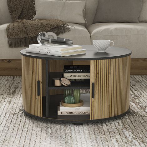 Mesa de centro Selva, Roble/negro, 80 x 80 cm con puerta corredera, Vicco