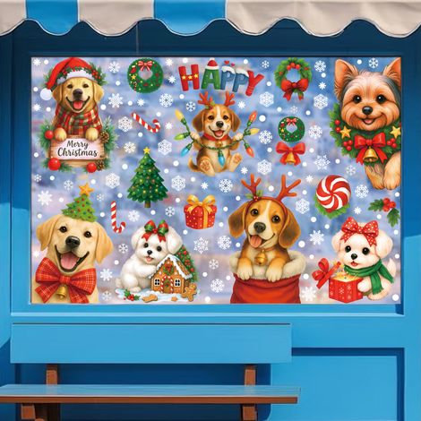 Autocollants chiots de Noël pour décorer les vitres, décorations d'ambiance de Noël, couronnes de fenêtre, boîtes cadeaux, autocollants statiques