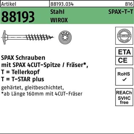 Tornillo de cabeza ancha R 88193 Punta/T-STAR 8x400/80-T40 acero galvanizado. WIROX 50uds. SPAX (1/2)