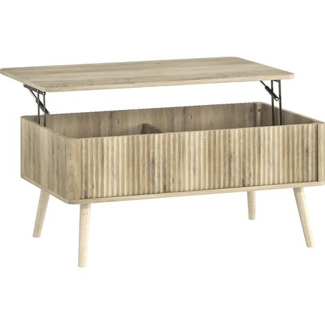 Table basse relevable avec rangement secret, table de salon 2 tiroirs cachés, pieds en pin massif, 91 x 56 x 43 cm, teinte chêne (1/5)