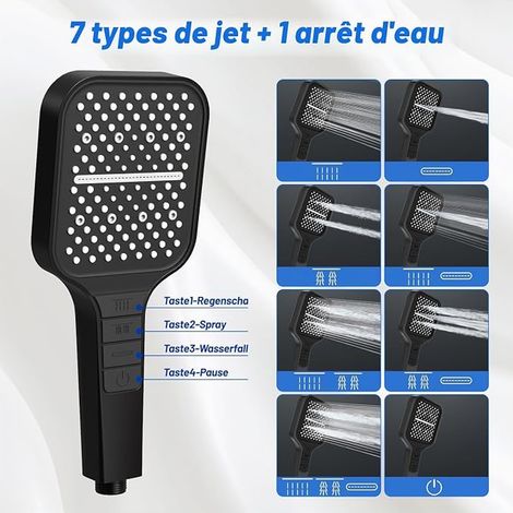 VEHHE Douchette Tuyau 1,5m PommeauDouche 7 Modes BoutonArrêtEau Gris (1/2)