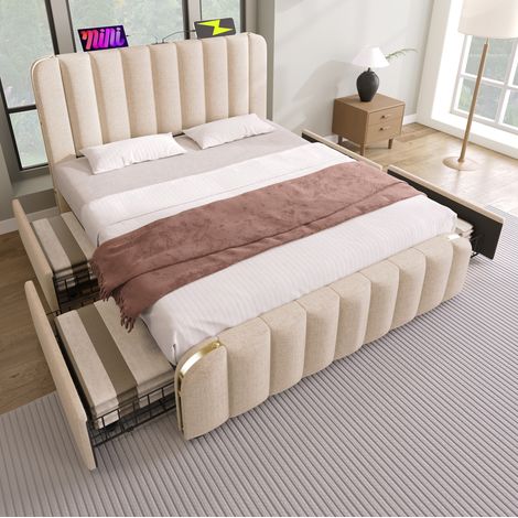 CHICFURN Letto matrimoniale 140x200 cm beige in lino con contenitori, USB-C e materasso (1/5)