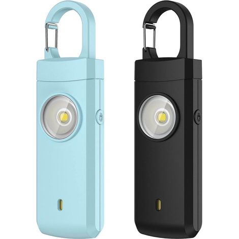 Alarmas personales，2 unidades，Botón de alarma personal，130 dB，Sirena con linterna LED，Alarma de seguridad，Recargable por USB，Azul/Negro (1/5)