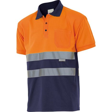 Polo bicolor alta visibilidad de manga corta y cuello de canalé VELILLA Serie 173 5XL Naranja flúor / Azul marino