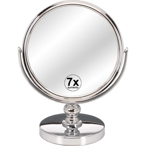 Miroir de Salle de Bain avec Socle en métal et 2 Faces avec 7 grossissements en Couleur Chrome Brillant (1/2)