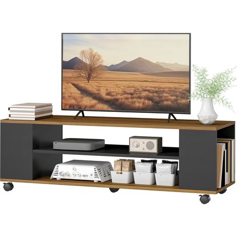 Meuble TV mural ou sur pied à roulettes, 4 étagères pour téléviseurs jusqu'à 55 pouces, 120 x 40 x 38,5 cm, noyer et noir (1/5)