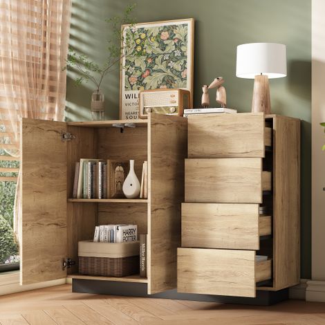 Cassettiera/credenza con quattro cassetti e due ante, adatta per soggiorno e cucina colori nero e naturale, dimensioni: L120 x P35,5 x H90,5 cm (1/5)