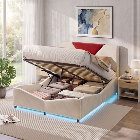 Lit coffre 160x200 cm avec éclairage LED et sommier à lattes - Design bicolore - Revêtement Velours - Beige