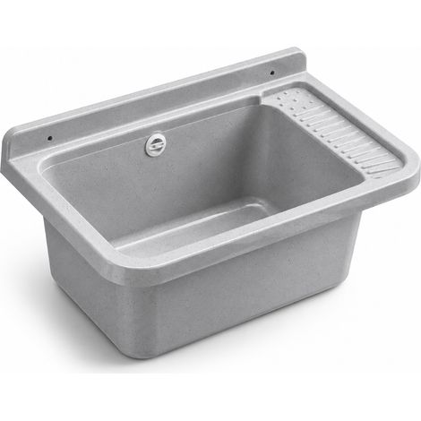 Schläfer 9610102 - Pilozzo a Parete in Resina colore Granito Grigio 50x35x24 cm con sifone di Scarico e Piletta, Lavatoio Lavapanni per Interno ed Esterno, Lavello Resistente agli acidi di uso comune (1/5)