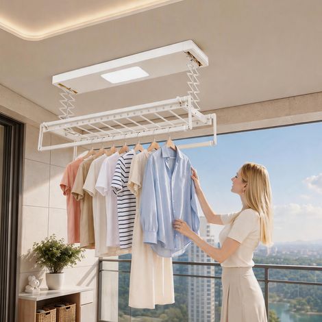 【Maison connectée】Étendoir à linge électrique télécommandé, plafond, extensible 130–215 cm, gain de place, motorisé, en acier et aluminium, supporte 35 kg, blanc cassé (1/5)
