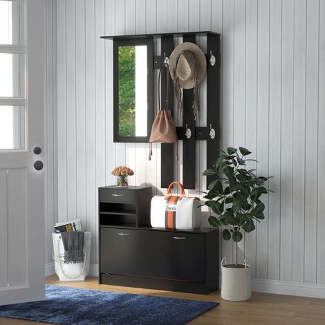 Set di mobili da ingresso 3 in 1 con pannello appendiabiti, specchio e panca porta scarpe - 6 ganci e ripiano regolabile, nero