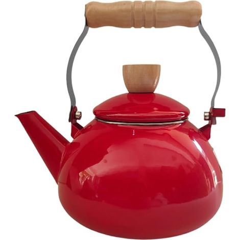 Bouilloire en émail style japonais avec fond plat poignée ergonomique en bois pour cuisinière et cuisinière électrique Rouge Grande bouilloire pour thé et café (1/4)