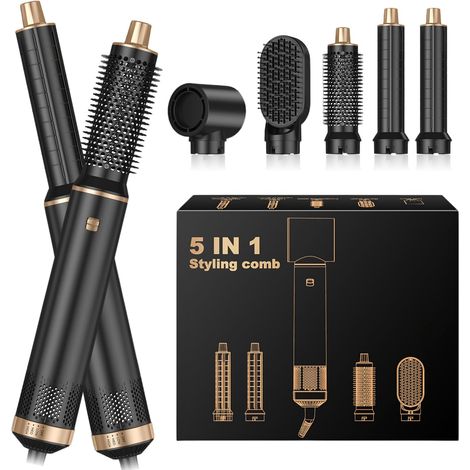 Kit de coiffage 5 en 1 - 1000 W - Avec brosse ronde - Pour lissage, séchage, volume et boucles (1/5)