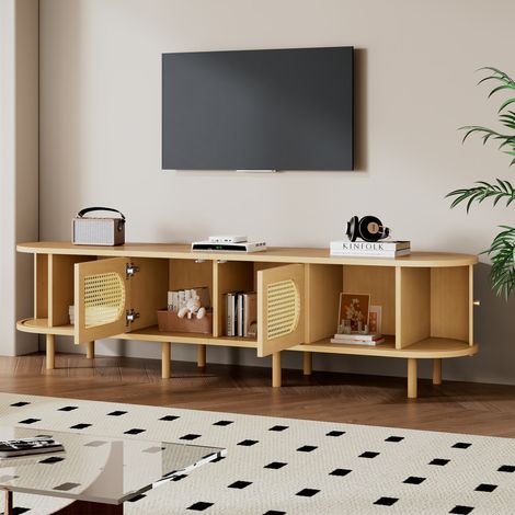 Meuble TV 180 x 40 x 40 cm en MDF bois clair, pour téléviseur jusqu’à 75 pouces, 2 portes et 2 portes roulantes, panneaux façon résine tressée, 8 pieds, rangement salon – CHICFURN (1/5)