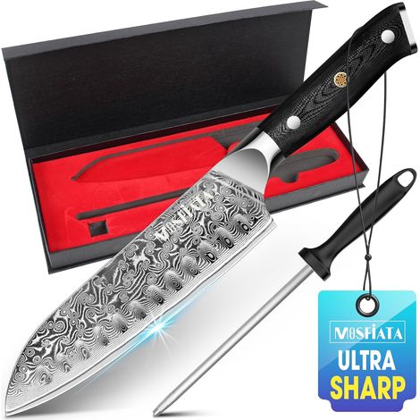 7 Inch Damascus Santoku Knife, Damascus Knife, Japanese Knife, Sharp Chef Knife, Meat Knife, with Finger Protection, Knife Sharpener (1/5)