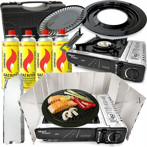 Hornilla de gas para turismo, acero inoxidable, con tapa para parrilla, cartucho x4 MaxiCamp