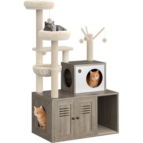 Meuble pour litière pour Chat – Arbre à Chat Moderne Multi-Niveaux en Bois, hamac, Panier, Tour Peu encombrante, colonnes griffoir, condominium intégré, idéal pour l'intérieur, Couleur fumée (1/5)