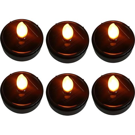 Lot de 6 bougies chauffe-plat solaires LED vacillantes - Bougies solaires étanches - Bougies chauffe-plat LED sans flamme pour balcon, lanterne de jardin, terrasse - Noir (1/5)