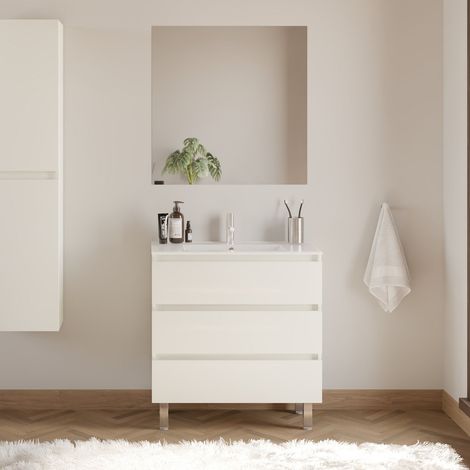 Meuble de salle de bain 80cm simple vasque - 3 tiroirs - blanc brillant - MAYOR