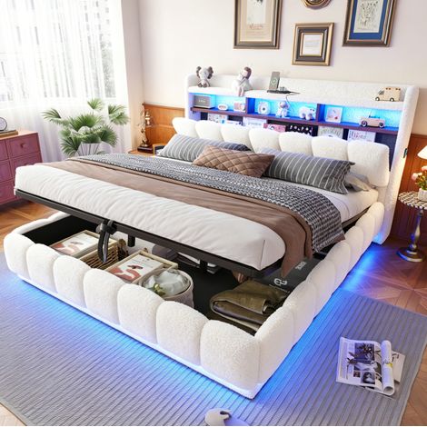 Lit coffre 180x200 cm en tissu blanc avec LED, ports USB et prise intégrée (1/5)