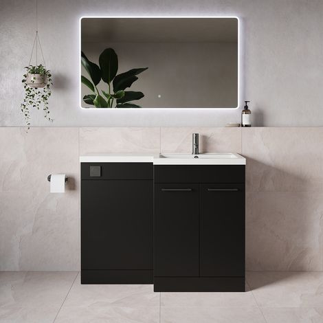 Napoli 390 Matt Black 1100mm 2 Door Vanity Unit Toilet Suite with Square Right Hand Lucia Basin - 1100mm - Gunmetal Grey 160mm HandleWithout Kingston Toilet Pan