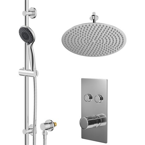 Wholesale Domestic Circo Polished Chrome Concealed Push Button Twin Shower Valve and 400mm Thin Round Fixed Head with 150mm Ceiling Arm and Clyde Slide Rail Kit with Round Elbow - 2 Outlet (1/5)