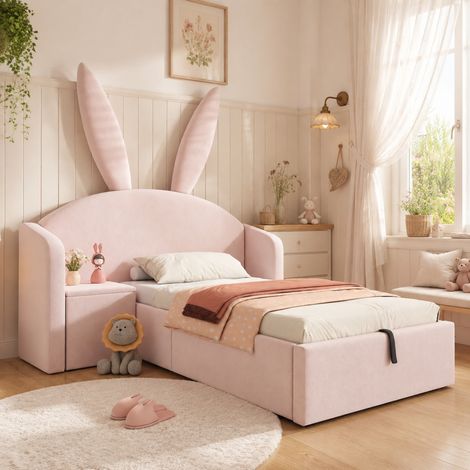 Kinderbett 90x200 cm rosa aus Samt mit Stauraum, Nachttisch und Hasenohren (1/5)