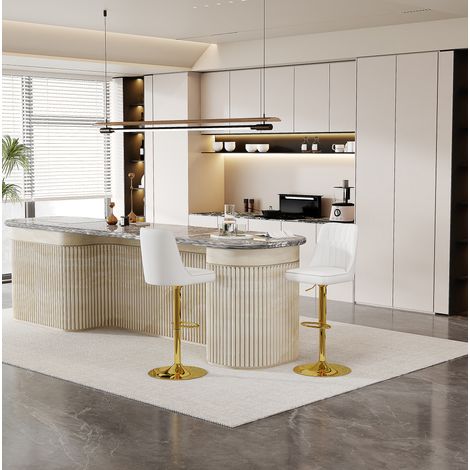 Taburete de bar regulable en altura, giratorio 360°, set de 2, PU blanco y metal dorado HAVRYA (1/5)