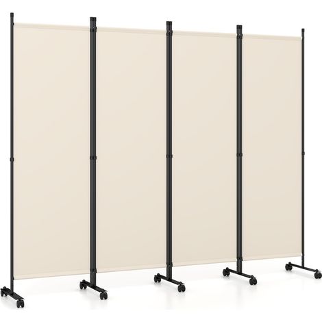 COSTWAY 221x173cm Paravent Intérieur 4 Panneaux à 10 roulettes, Cloison de Separation Interieur Pliable, Cadre en Metal, Tissu Polyester, Separateur de Pieces pour Salon Bureau Balcon (Beige) (1/5)