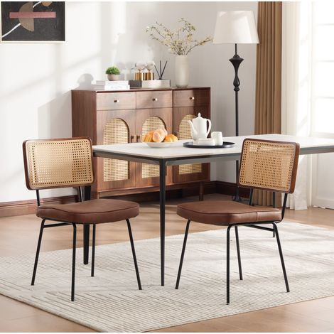 Lot de 2 chaises de salle à manger modernes en PU rétro, cadre bois massif effet rotin, pieds réglables en métal marron (1/5)