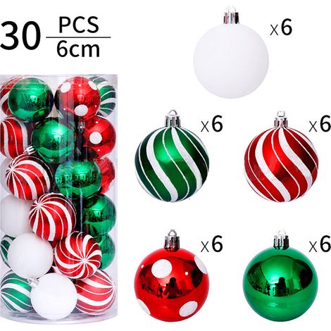 Boule De Décoration De Noël - 6 Cm - Rouge Vert Blanc - En Plastique Incassable - Pour Arbre De Noël Et Fêtes - Lot De 30 Pièces (1/5)