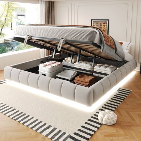 Lit 180 x 200 cm beige avec coffre hydraulique, cadre flottant led, sans tête de lit, sans matelas (1/5)
