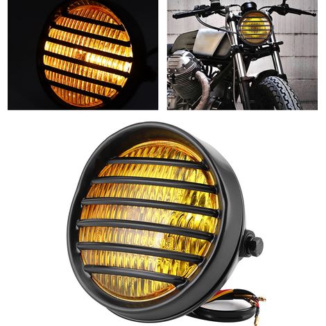 Grille de phare ronde de moto 6 pouces, cache-lentille, ampoule halogène 35 W, universelle, verre jaune (1/5)