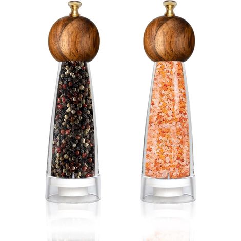 Moulin à sel et poivre manuel (lot de 2) - 20 cm - Bois massif - Transparent - Noyau en céramique (1/4)