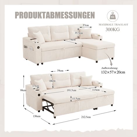 Canapé moderne 3 places velours côtelé avec rangement,porte-gobelets,USB-C,chaise longue hydraulique,design chaleureux.-Xx (1/5)